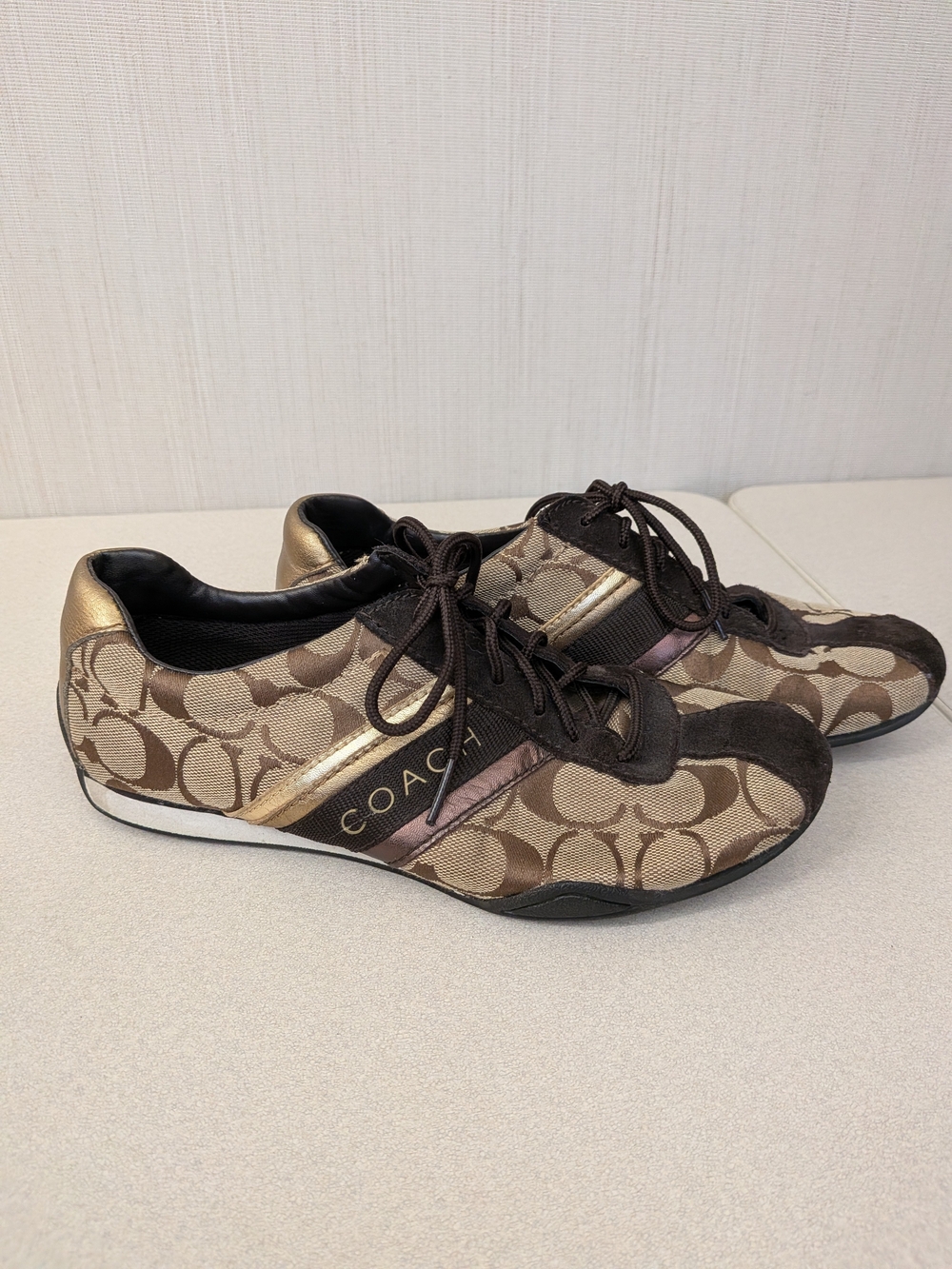 Coach Brown Signature Logo Lace-Up Sneakers with Metallic Accents